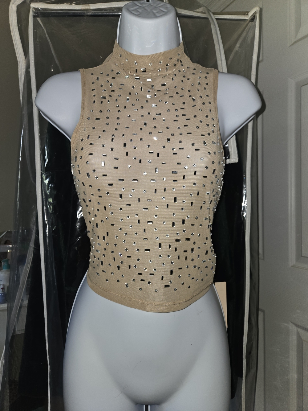 SHEIN Beige Sleeveless Mock Neck Studded Crop Top